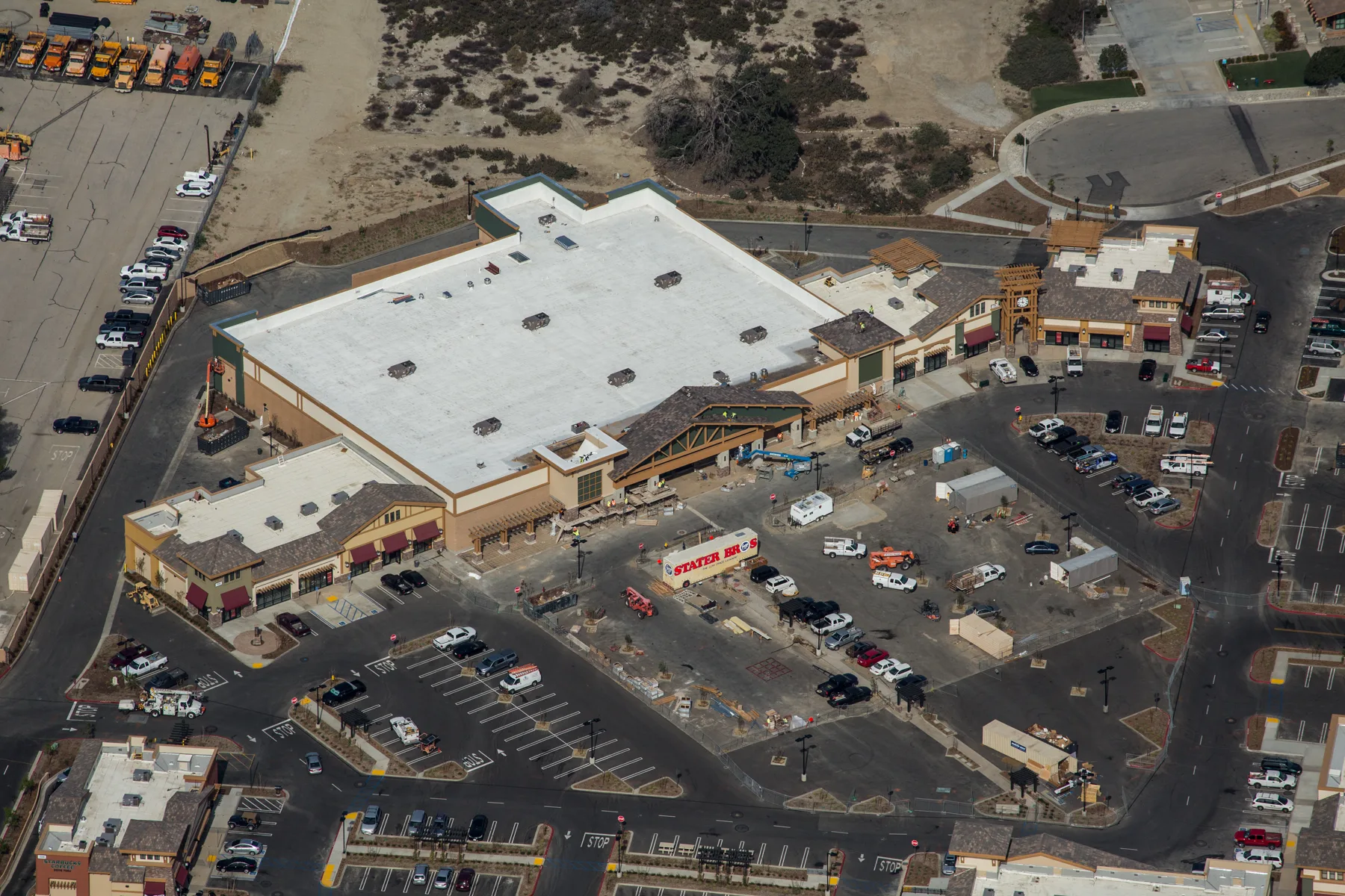 Aerial view of Renaissance Marketplace buildings and surrounding parking areas.